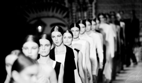 grayscale photo of women in line
