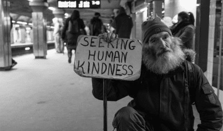 Photo of Homeless man holding a sign that says "Seeking Human Kindness"
