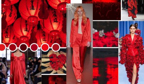 Image is a mood board of images showing the colour red. Image is to show the new fashion trend colour red being used in 2023 fashion week shows