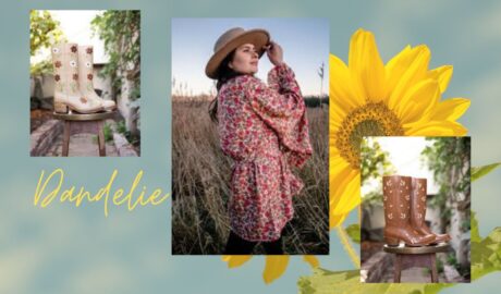 Collage of images showing products from sustainable fashion brand Dandelie. 2 images show boots and one with model wearing a floral top