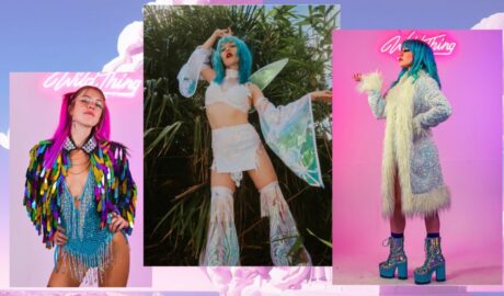 Image is a collage of images from sustainable fashion brand Wild Thing. Images show models wearing bright coloured clothing from Wild Thing