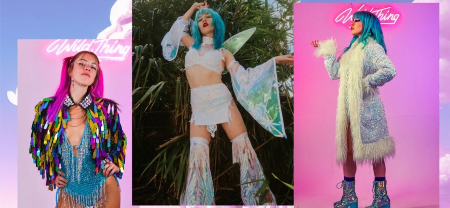 Image is a collage of images from sustainable fashion brand Wild Thing. Images show models wearing bright coloured clothing from Wild Thing