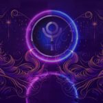 Graphic image with Pluto sign surrounded by a symmetrical images of female representing Aquarius - Pluto moves into Aquarius