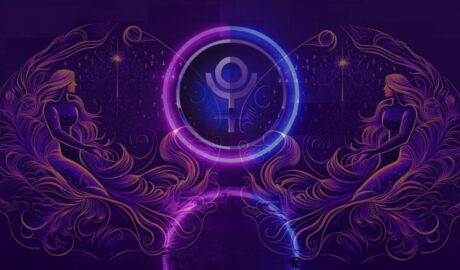 Graphic image with Pluto sign surrounded by a symmetrical images of female representing Aquarius - Pluto moves into Aquarius