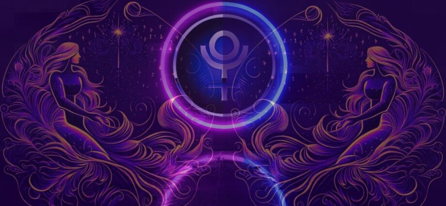 Graphic image with Pluto sign surrounded by a symmetrical images of female representing Aquarius - Pluto moves into Aquarius