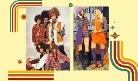 2 images of 70s fashion and 70s prints showing bright colours of orange and purple
