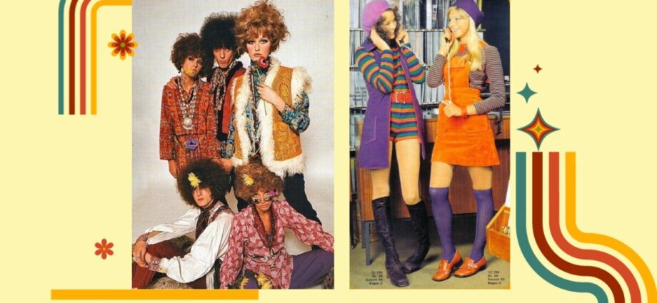 2 images of 70s fashion and 70s prints showing bright colours of orange and purple
